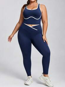 Easithlete Set Olahraga Tank Top dan Legging Wanita Ukuran Plus dengan Trim Kontras - Navy Blue - View 5