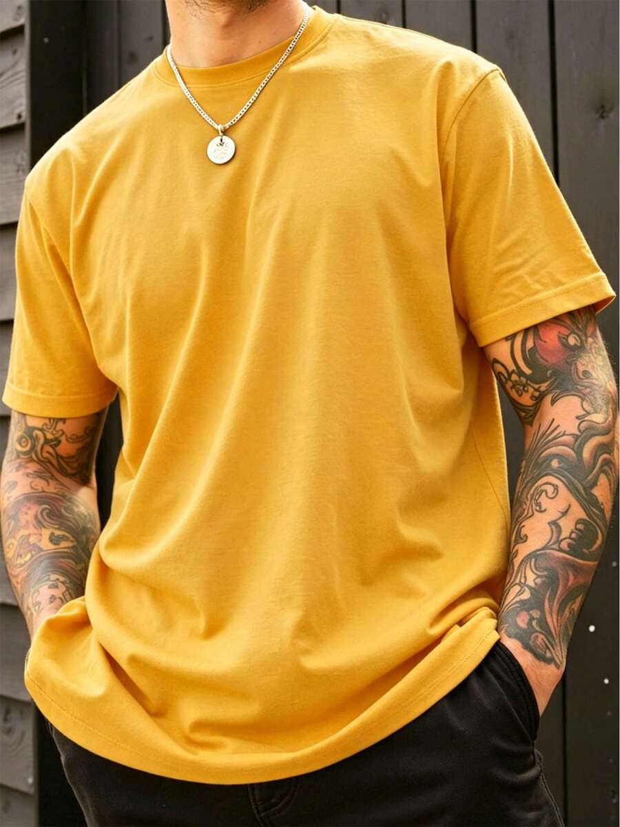 Manfinity Homme Men's Solid Color Round Neck Short Sleeve Casual Top Tee - Yellow - View 1