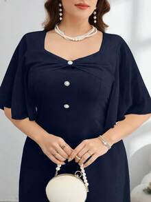 Modelyn Plus Size Women Elegant Button Design Ruffle Sleeve Midi Dress - Navy Blue - View 1