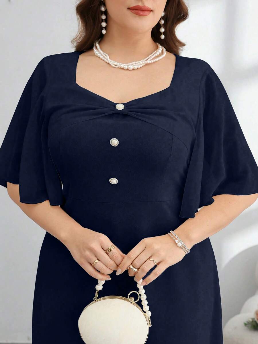 Modelyn Plus Size Women Elegant Button Design Ruffle Sleeve Midi Dress - Navy Blue - View 1