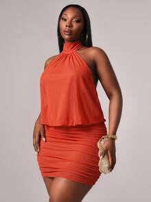 Radiana Plus Size Women's Spring Summer Elegant Basic Halter Backless Ruffle Decor Mini Bodycon Dress Suitable For Office Date Night Party Prom Burnt Orange - Orange - View 4