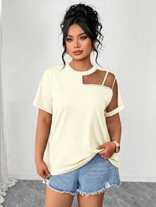 Elenzga Plus Size T-Shirt With Pearl Beaded Mesh Short Sleeve Round Neck Night Vacation White Summer Sexy - Apricot - View 1