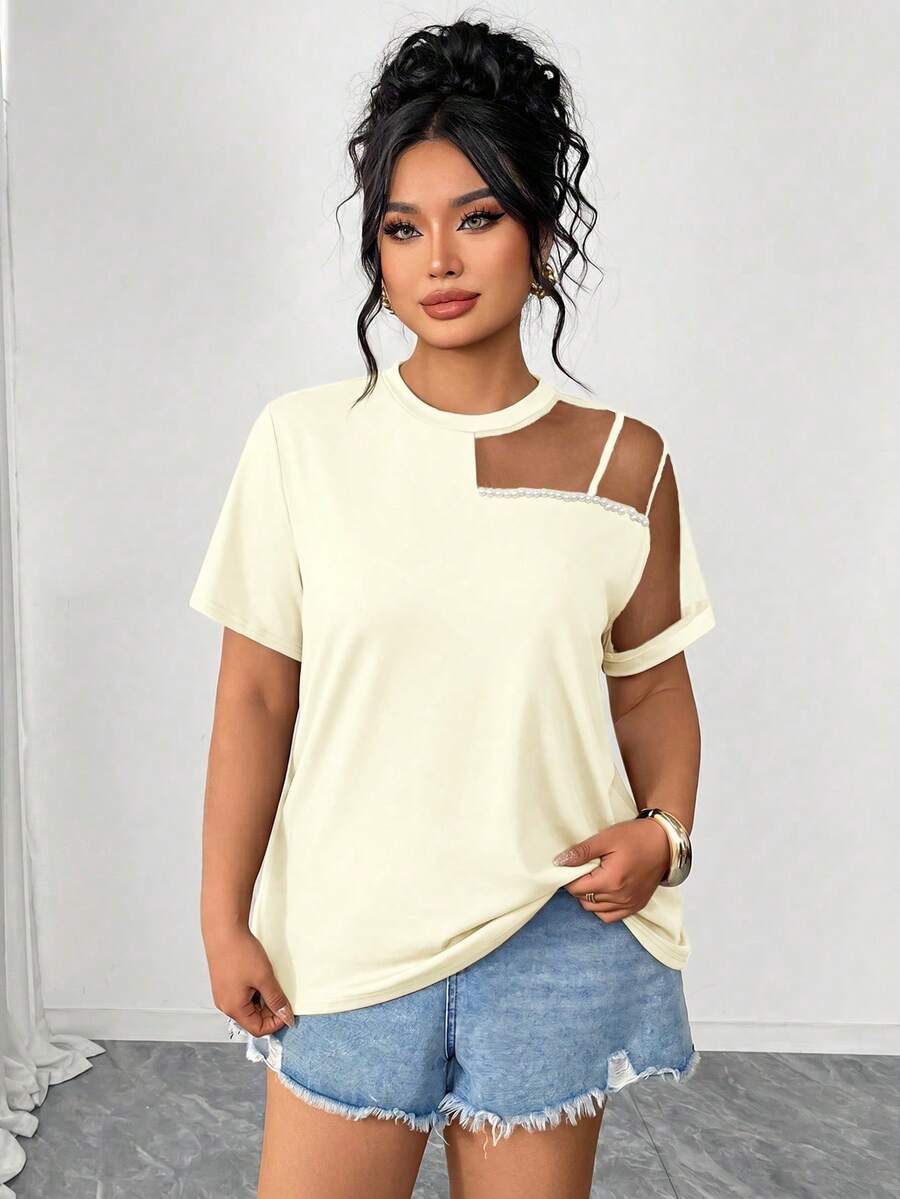 Elenzga Plus Size T-Shirt With Pearl Beaded Mesh Short Sleeve Round Neck Night Vacation White Summer Sexy - Apricot - View 1