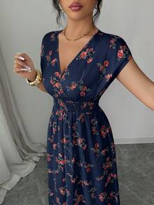 Elenzga Spring/Summer V-Neck Floral Print Pleated Dress - Navy Blue - View 3