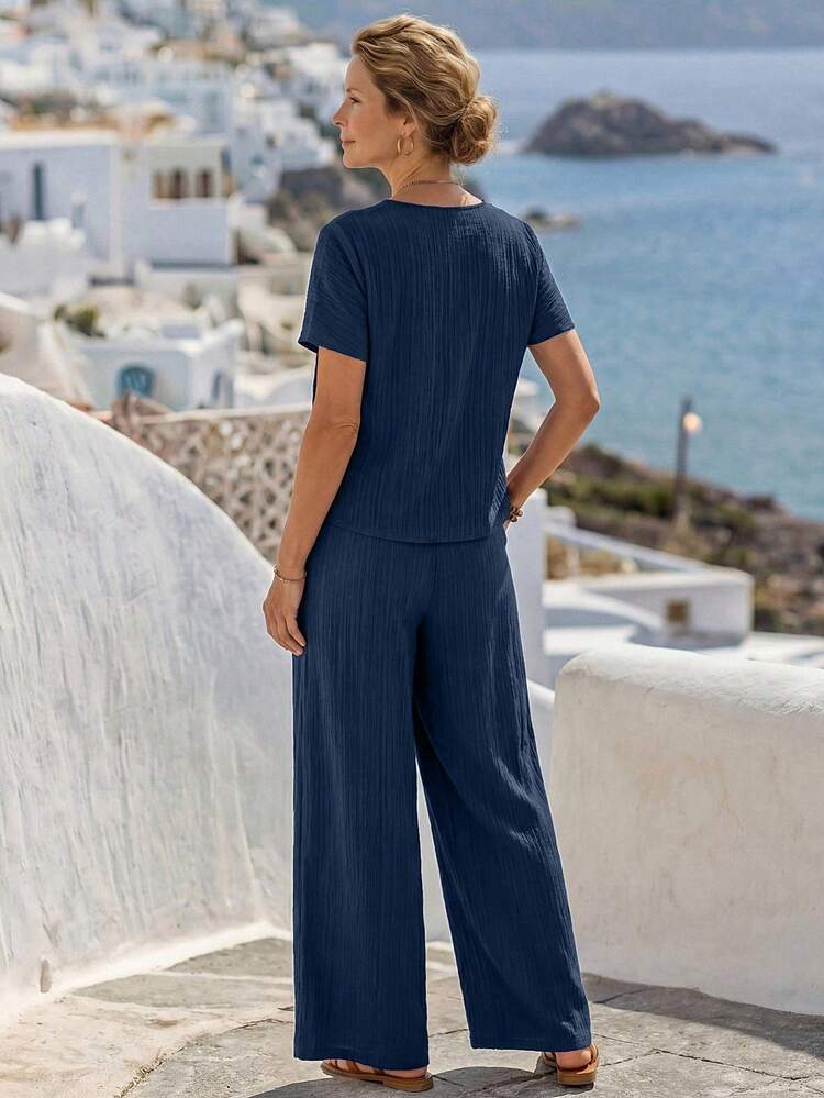 Women's Solid Color V-Neck Single-Breasted Short Sleeve Shirt And Pants 2 Pieces Set Vacation Navy Blue Summer Casual Women Cotton Co Ord Set