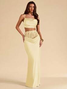 SHEIN BAE Spring/Summer Solid Golden Yellow Lace Patchwork Women's Twill Elegant Sexy Satin Mermaid Skirt Camisole Crop Top 2-Piece Set, Suitable For Party Date - Yellow - View 5