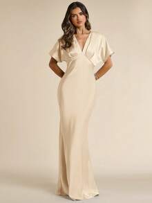 SHEIN BAE Women's Beige Satin Deep V-Neck Short Sleeve Fishtail Elegant Dress, Suitable For Party Dinner, Cocktail, Formal Occasions, Bridesmaid Wedding Summer - Apricot - View 7