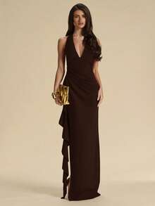 SHEIN BAE Spring & Summer Bridesmaid Dress, Deep V-Neck Halter Sexy Ruffle High Slit Ruffled Wrap Long Red Dress For Women, Elegant Ruffled Maxi V-Neck Dress For Women - Coffee Brown - View 3