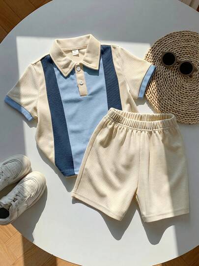 2pcs/Set Young Boy Summer Casual Nature-Inspired Minimalist Colorblock Polo Shirt & Shorts Set,Vintage Yet Fashionable,Breaks Monotony,Easily Achieves