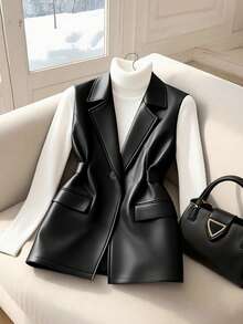 GlowEve Women's Solid Color Lapel NeckSingle-Breasted PU Leather Vest Jacket - Black - View 5