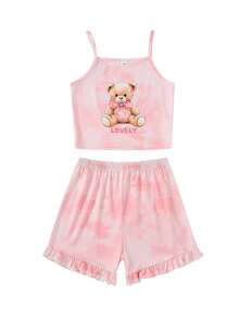 4pcs/Set Girls Cute Cartoon Otter, Teddy Bear, Heart, Number 67, Rabbit, Tie-Dye Gradient, Solid Color, Cartoon Print Sleeveless Camisole Top With Ruffled Hem Shorts Pajama Set, Comfortable Soft Knit Fabric, Casual Daily Wear For Spring/Summer - Multicolor - View 12