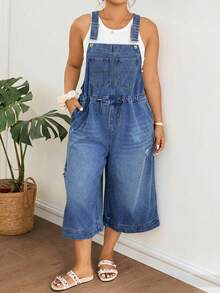 Lounesse Jumpsuit Denim Serbaguna untuk Wanita Ukuran Plus dengan Kantong dan Tali Serut, Potongan Longgar dan Lebar. - Medium Wash - View 7