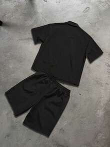 PAVTROS Men's Casual Star Print Short Sleeve Shirt And Shorts Set, Summer - Black - View 2