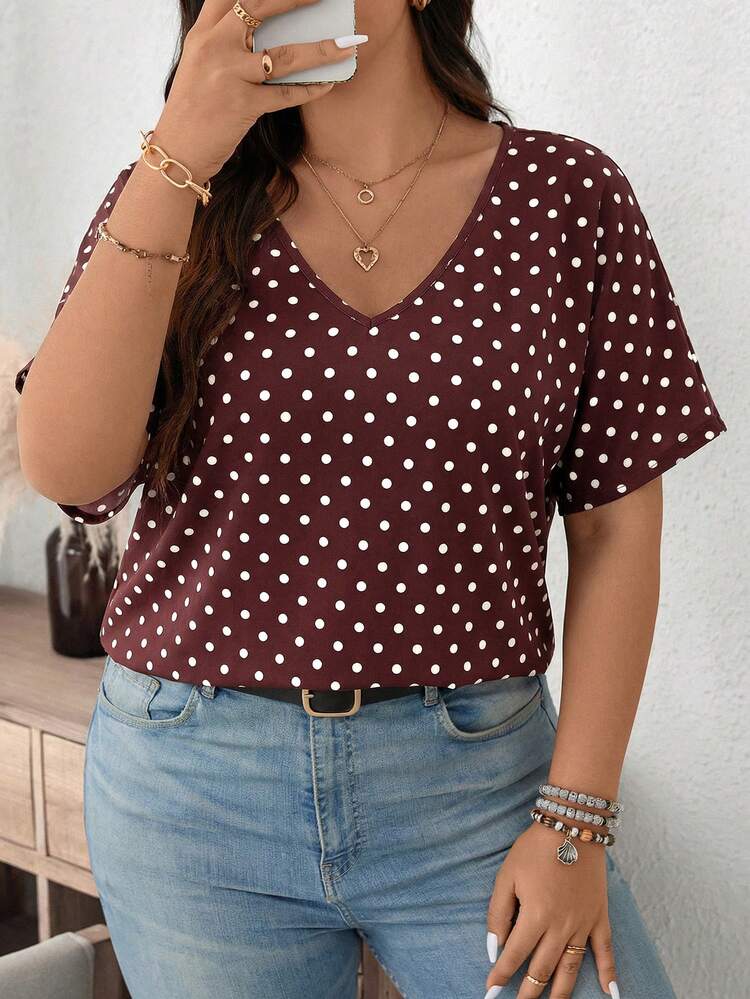 SHEIN LUNE Camiseta Casual Feminina Plus Size com Decote em V e