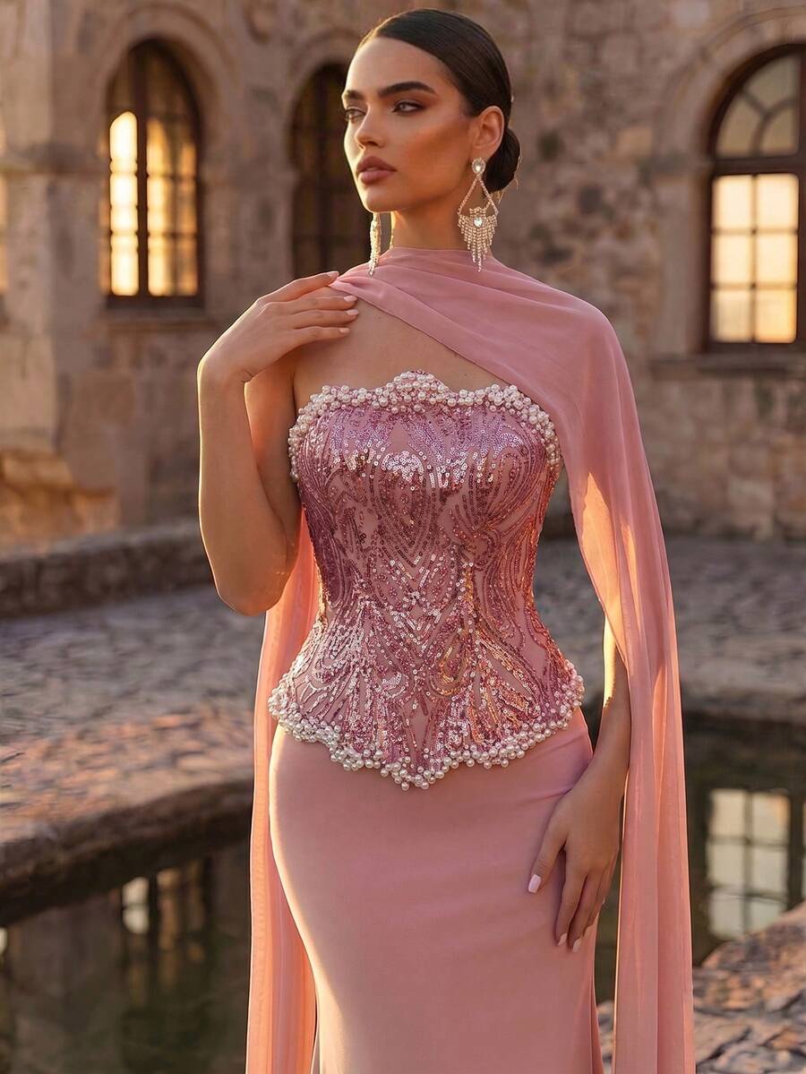 Glamrae Top bustier elegante y lujoso con cuentas, lentejuelas y flores, con escote asimétrico novedoso, adornos de perlas blancas 3D hechos a mano pesados, falda de sirena de punto elástico alto (incluye capa desmontable sin tirantes), adecuado para bodas, despedidas de soltera, vacaciones, bailes de graduación, galas nocturnas - Rosa vieja - Ver 1