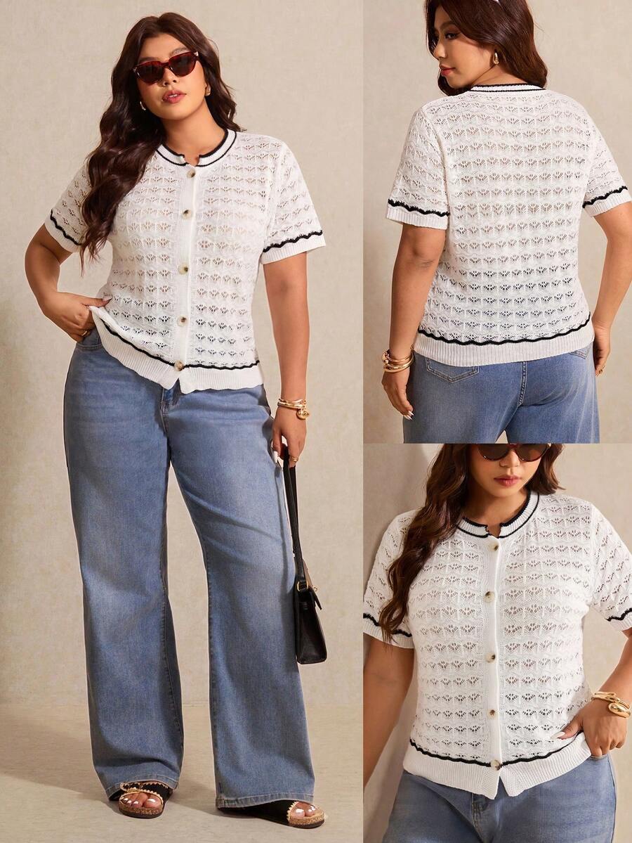 Elaquor Plus Size Contrast Color Trim Short Sleeve Knit Top Fall/Winter - Beige - View 1