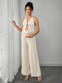 SHEIN Momance Women's Summer Halter Neck Cardigan Tie Top + Adjustable Waist Pants Maternity 2-Piece Set - Apricot - View 4