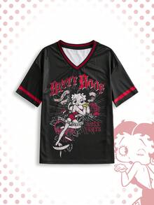 Betty Boop | ROMWE Women's Summer Casual Streetwear Fashion Street Style Daily Commute City Break Holiday Cartoon Character Letter Print V-Neck Short Sleeve T-Shirt - Black - View 1