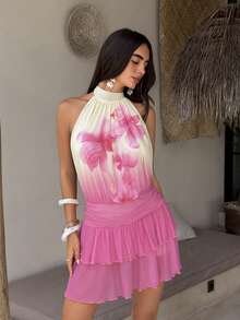 Aloruh Women's Sexy Tropical Elegant Halter Neck Ruched Flounce Hem Mini Dress Beach Vacation Beige Summer - Pink - View 3