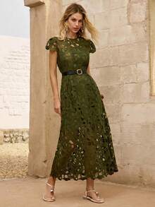 SHEIN Women's Knitted Summer Dress, Intricate Embroidered Lace Hollow-Out Round Neck Cap Sleeve A-Line High Waist Slimming Elegant Dress, Suitable For Evening Party, Date, Vacation - Green - View 1