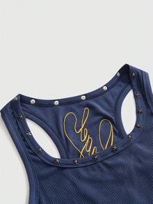 ROMWE Fairycore Women's Retro Music Festival Sexy All-Match Versatile English Logo Embroidered V-Neck Five-Pointed Star Rivet Decor Tank Top - Navy Blue - View 4