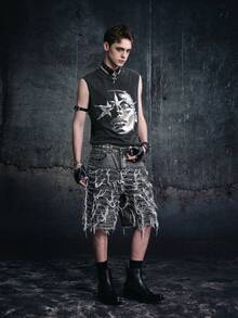 Vyqestra 男士休闲宽松五角星街头服饰彩色图案圆领无袖上衣，适合夏季、男友礼物、外出 - 黑色 - 查看 3