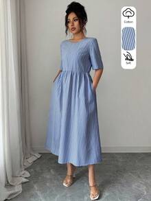 SHEIN LUNE 女款春夏新款極簡寬鬆棉麻感面料海灘度假休閒百搭日常聚會時尚通勤日常聚會復古藍白條紋面料短袖圓領長版洋裝 - Dark Blue - 查看 3