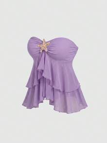 Sweetra Y2K Sexy Asymmetrical Ruffle Hem Vacation Versatile Bandeau Top - Purple - View 1