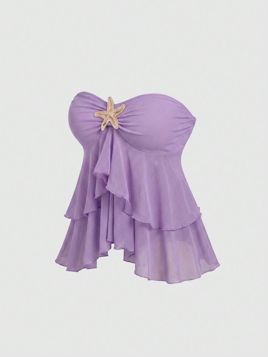 Sweetra Y2K Sexy Asymmetrical Ruffle Hem Vacation Versatile Bandeau Top - Purple - View 1