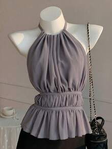 SHEIN EZwear 女士褶皱吊带露背性感吊带背心，春夏款 - 灰色 - 查看 4