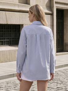 Aveloria Modichic 女款寬鬆男友風條紋蝴蝶結裝飾鈕扣襯衫，秋冬可愛趣味襯衫 - 彩色 - 查看 7
