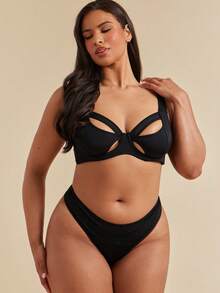 SHEIN BAE CURVE 加大码镂空拼接设计舒适无钢圈薄杯内衣，提升 - 黑色 - 查看 4