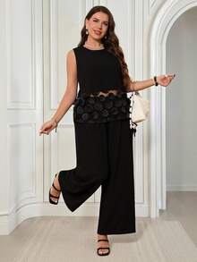 Miaspire Conjunto de suéter de cuello redondo con parches de encaje para mujer de talla grande - Negro - View 10