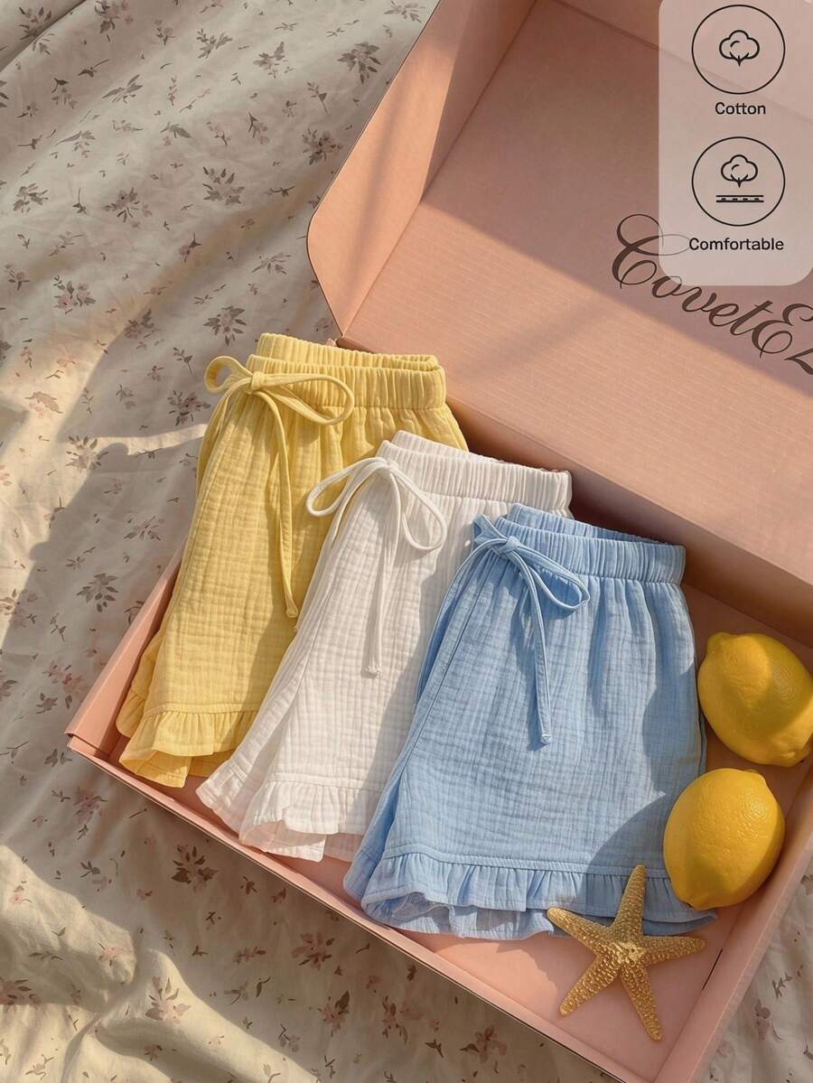 CovetEZ 3pcs Women's Textured Casual Shorts Set, Vacation Style Beach Butter Yellow White Light Blue Summer - Multicolor - View 1