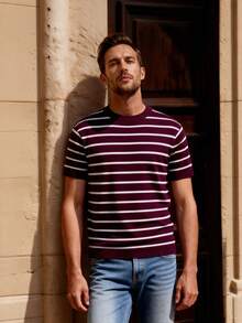 Officeau Loose Lightweight Striped Knit Crew Neck Short Sleeve T-Shirt, Casual Business Slim Fit Men's Summer Cool Tee - Red Violet - View 10