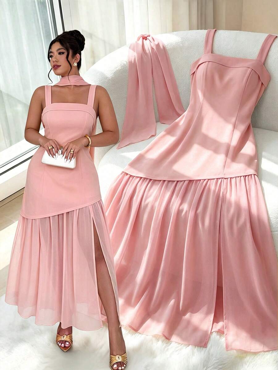 Elenzga Plus Size Women's High Slit Dress, Solid Color Sleeveless Maxi Cover-Up With Scarf, Suitable For Office/Date/Daily Wear, Spring/Summer New Arrival - Pink - View 1