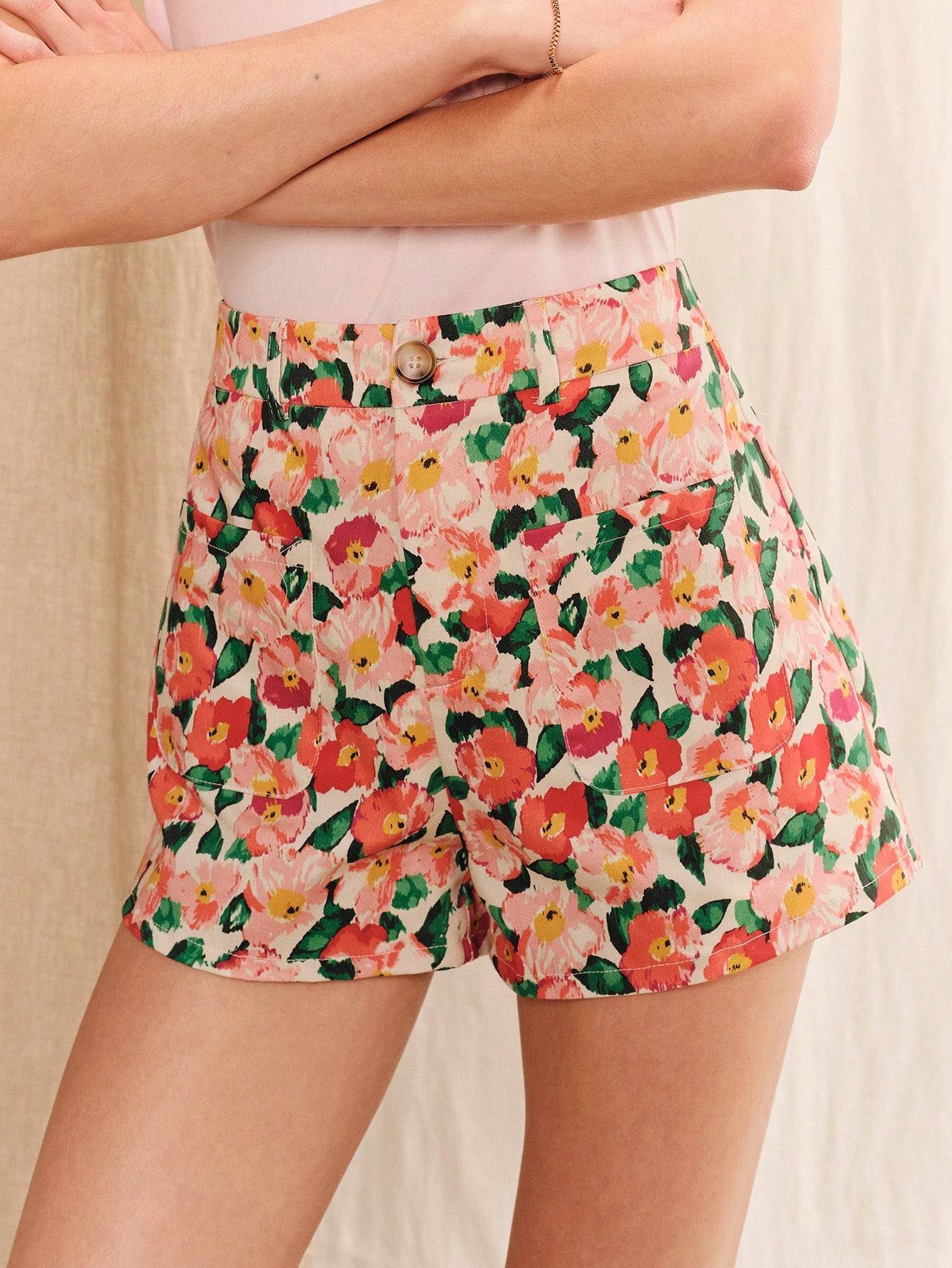 Floral High-Waisted Shorts With Front Patch Pockets Vintage Summer Holiday Casual French Shorts