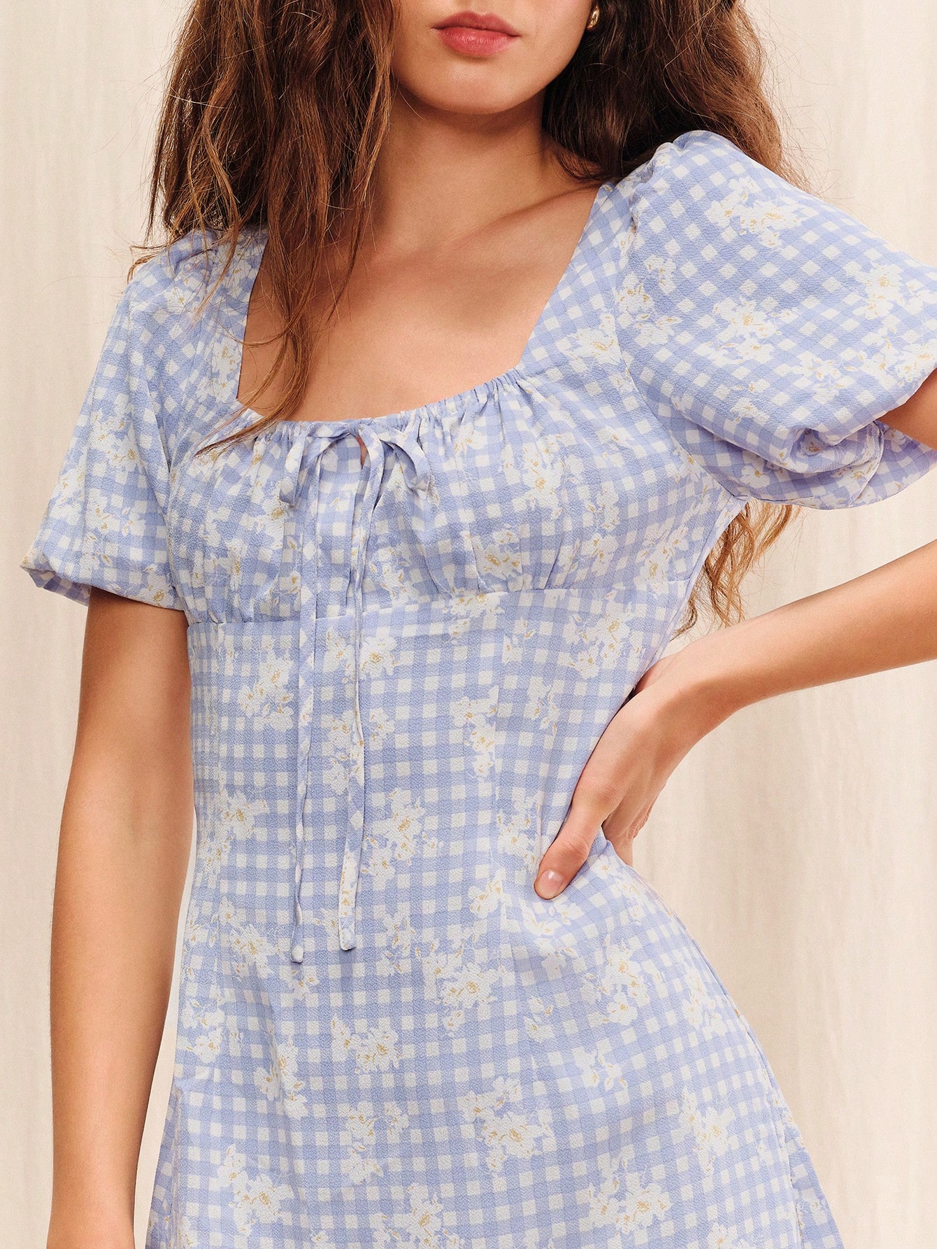 Blue Gingham Floral Mini Dress With Puff Sleeves And Ruffle Hem Summer Holiday Casual Going Out