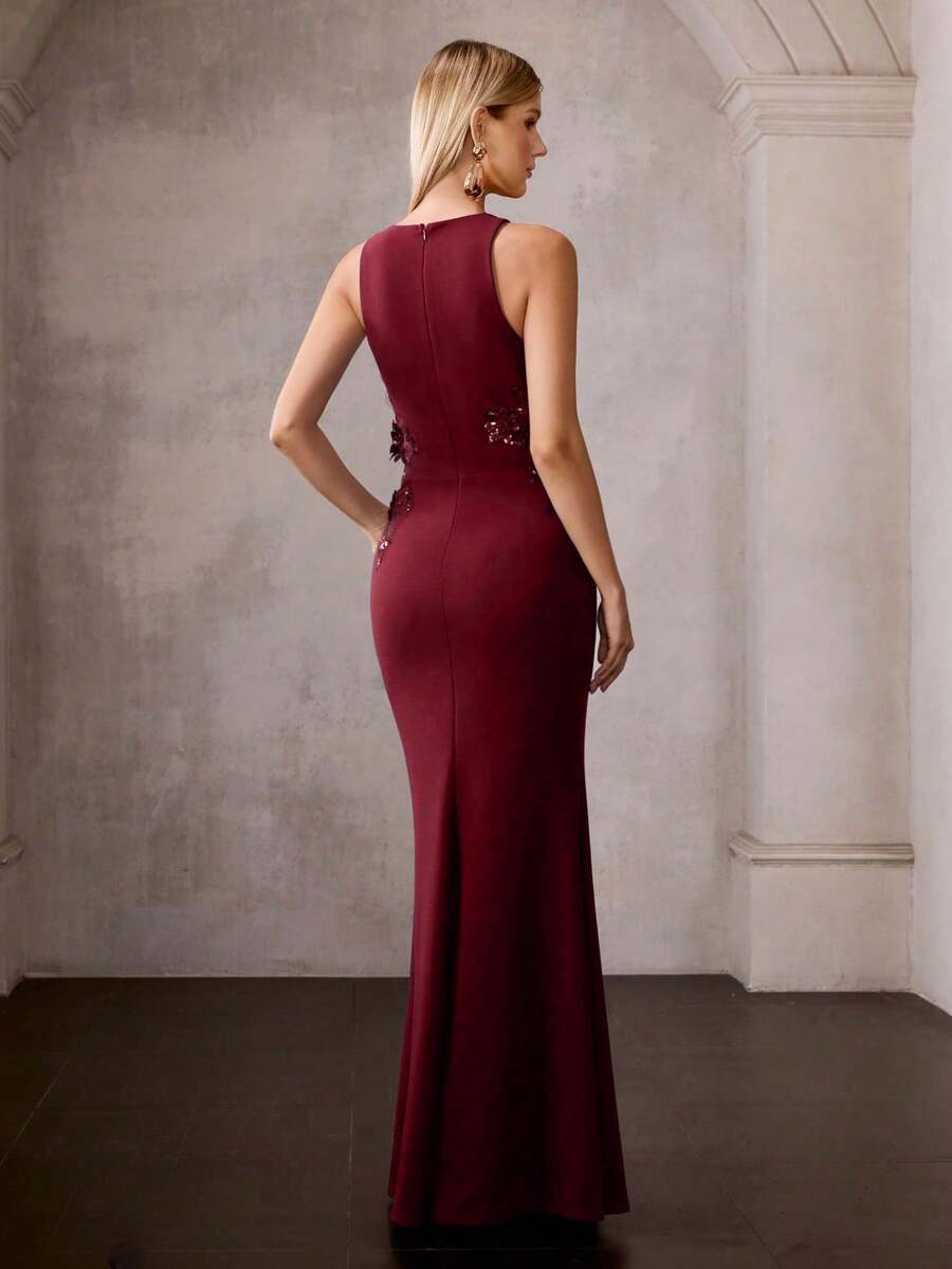 MOTF Soiréza ROUND NECKLINE SLEEVELESS FLOOR-LENGTH PARTY GOWN WITH UNIQUE FLORAL APPLIQUE WAIST DETAIL – STRETCH KNIT FABRIC, SLIM-FITTING SILHOUETTE FOR ALL SEASONS FORMAL EVENTS - Burgundy - View 2