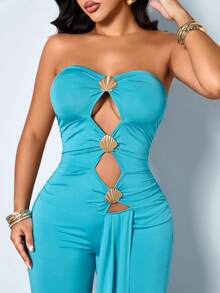 SOLERSUN Mono de verano 2026 para mujer, sexy, de color azul océano con recortes y fruncidos, de alta elasticidad. Elegante mono de una pieza con herrajes en forma de concha, sin tirantes, espalda descubierta, pantalones anchos de pierna larga. Mono de una pieza con recorte en forma de concha, sin tirantes, de Body ceñido y piernas anchas. Atuendo para fiesta en la playa, club, estética Y2K - Azul - Ver 5