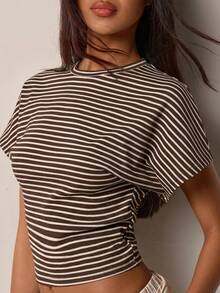 COSMINA Women's Striped Fitted Casual Daily T-Shirt,Summer Top - Brown - View 5