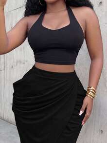 2026 Spring/Summer Elegant Commute & Casual Pleated Midi Skirt, Suitable For Birthday Party, Plus Size - Black - View 8