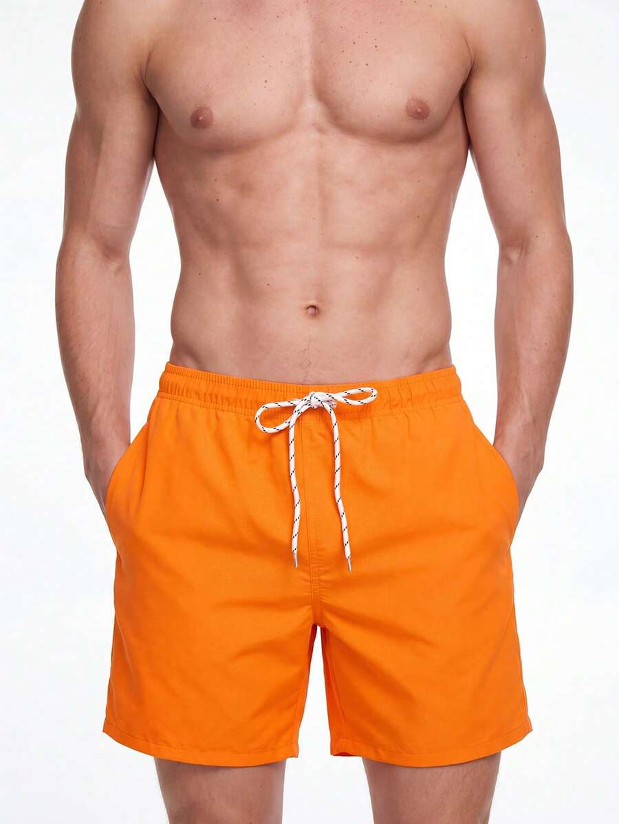Chillumni Quần short nam đi biển Dây kéo Túi màu trơn Boho - trái cam - Xem 1
