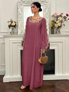 Yasmyna Women's Round Neck Solid Color Elegant Arabian Dress With Applique Decoration - Pink - View 8