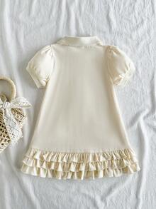 SHEIN Vintaside Kids 女嬰夏季領口短袖時尚簡約優雅蝴蝶結裝飾洋裝，適合夏季露營、野餐、幼兒園、學校或家庭聚會與派對 - 杏色 - 查看 2