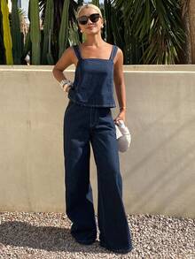 DAZY Women's Solid Color Cropped Tank Top And Wide Leg Pants Casual Vacation Summer Denim Set - Blue - View 5