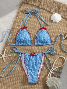 Swim Mod Bikini a blocchi di colore con fiocco rosso, collo alto, vita bassa, costume da bagno snellente per vacanze, a quadri blu e bianchi - Multicolore - Visualizzare 1