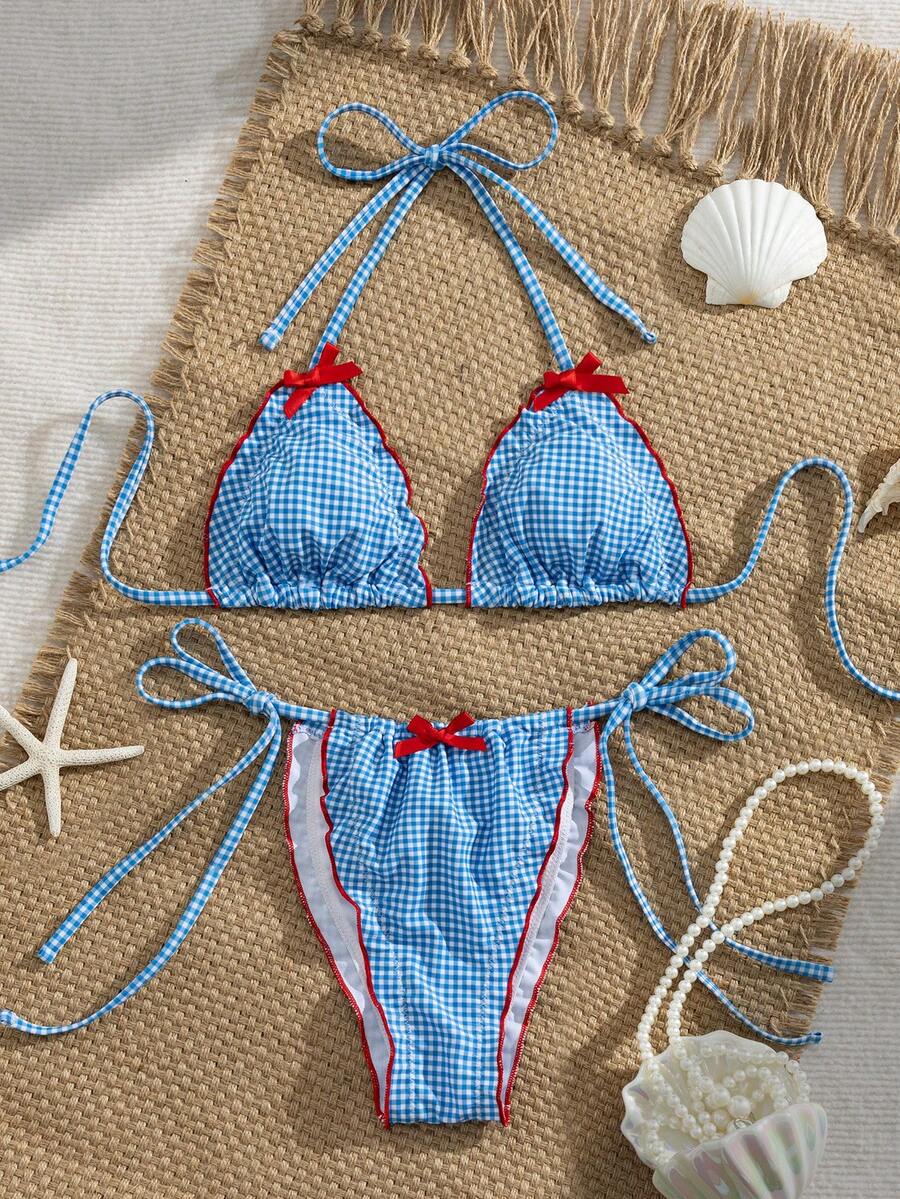Swim Mod Bikini a blocchi di colore con fiocco rosso, collo alto, vita bassa, costume da bagno snellente per vacanze, a quadri blu e bianchi - Multicolore - Visualizzare 1