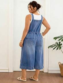 Lounesse Jumpsuit Denim Serbaguna untuk Wanita Ukuran Plus dengan Kantong dan Tali Serut, Potongan Longgar dan Lebar. - Medium Wash - View 6
