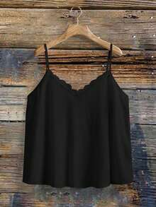 SHEIN VCAY Plus Size Women's Solid Color V-Neck Ruffle Trim Loose Camisole, Summer Bohemian Style, Casual & Romantic Daily Wear - Black - View 4